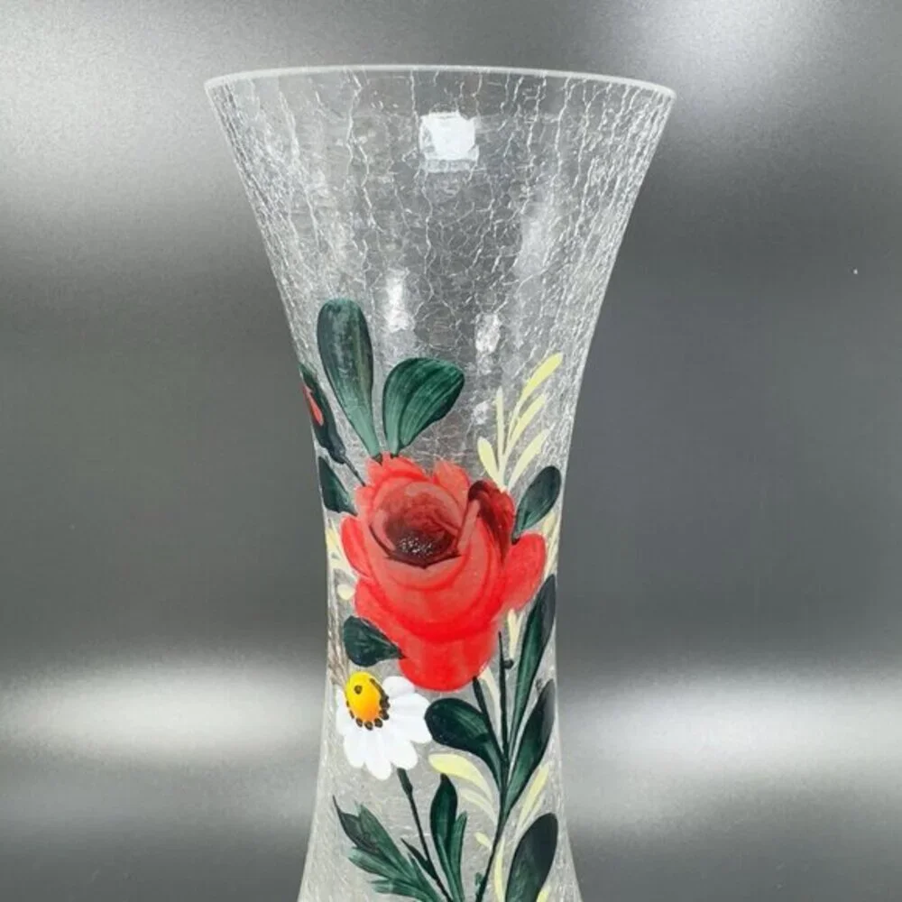 Vintage Tall Art Glass Vase Clear Crackle Glass Vessel Vase With‎ Floral Pattern